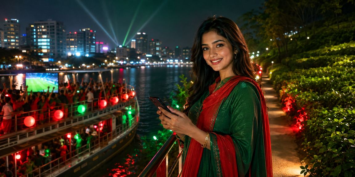 ঢাকায় লাল-সবুজ পতাকা পটভূমিতে joya777 ফুটবল বেটিং প্রোমো উপভোগ করছেন একজন তরুণ